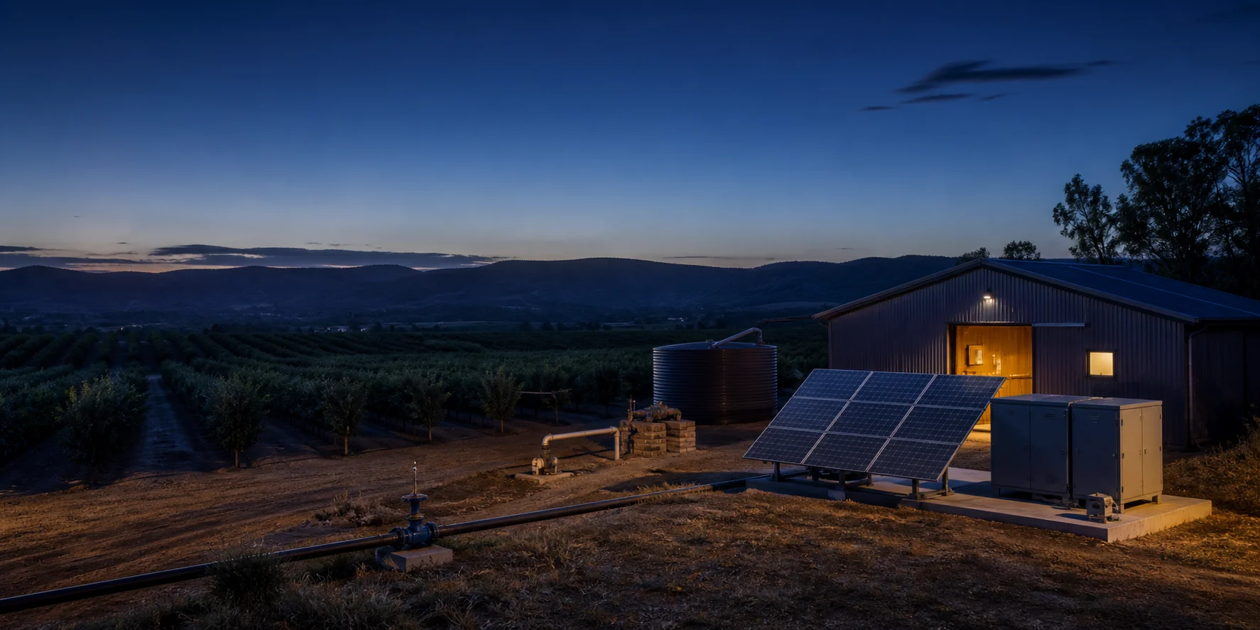 A solar-powered orchard and farm water system at dusk
